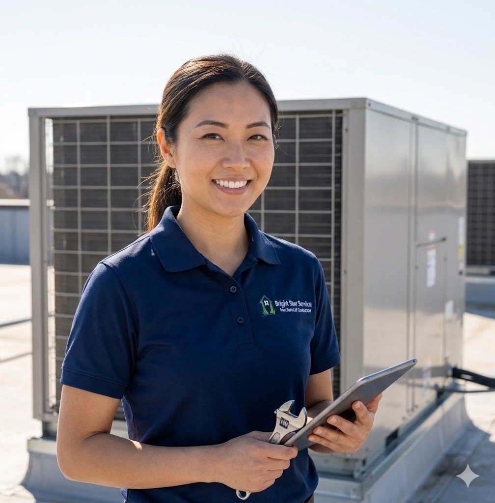 Bright Star technician on rooftop with diagnostic tablet
