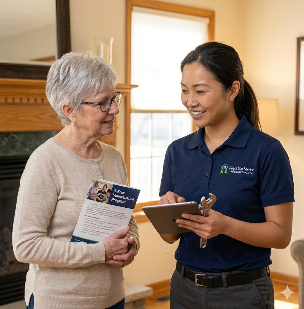 Bright Star technician presenting 5-Star maintenance plan to homeowner